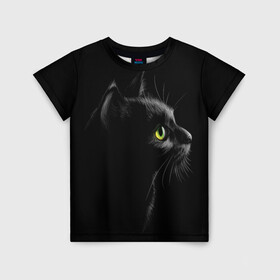Детская футболка 3D с принтом Черный кот в Тюмени, 100% гипоаллергенный полиэфир | прямой крой, круглый вырез горловины, длина до линии бедер, чуть спущенное плечо, ткань немного тянется | Тематика изображения на принте: взгляд | глаза | киса | киска | кот | котик | котяра | профиль | пушистый | усы