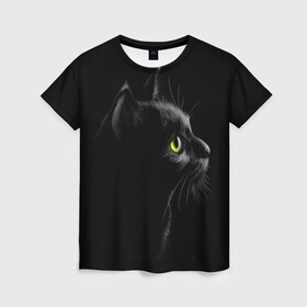 Женская футболка 3D с принтом Черный кот в Тюмени, 100% полиэфир ( синтетическое хлопкоподобное полотно) | прямой крой, круглый вырез горловины, длина до линии бедер | взгляд | глаза | киса | киска | кот | котик | котяра | профиль | пушистый | усы