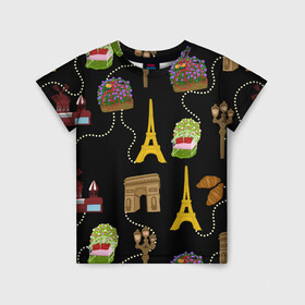 Детская футболка 3D с принтом Париж в Тюмени, 100% гипоаллергенный полиэфир | прямой крой, круглый вырез горловины, длина до линии бедер, чуть спущенное плечо, ткань немного тянется | paris | арка | бусы | велик | города | круассан | лето | мулен руж | париж | романтика | сладости | цветы | черный | эйфелева башня | юежевый