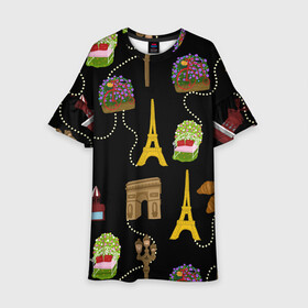 Детское платье 3D с принтом Париж в Тюмени, 100% полиэстер | прямой силуэт, чуть расширенный к низу. Круглая горловина, на рукавах — воланы | Тематика изображения на принте: paris | арка | бусы | велик | города | круассан | лето | мулен руж | париж | романтика | сладости | цветы | черный | эйфелева башня | юежевый