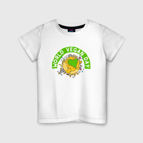 Детская футболка хлопок с принтом World Vegan Day в Тюмени, 100% хлопок | круглый вырез горловины, полуприлегающий силуэт, длина до линии бедер | Тематика изображения на принте: green | greenpaece | nature | sport | vegan | yoga | веган | вегетарианец | гринпис | еда | животные | жизнь | здоровье | зеленый | йога | мир | овощи | пища | планета | природа | растение | спорт | тело | фрукты