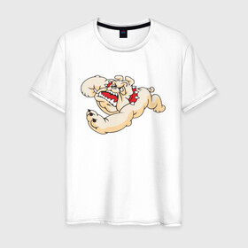 Мужская футболка хлопок с принтом Бульдог в прыжке в Тюмени, 100% хлопок | прямой крой, круглый вырез горловины, длина до линии бедер, слегка спущенное плечо. | dog | бульдог | злой | пес | псина | собака | собачка | сторожевой пес