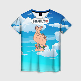 Женская футболка 3D с принтом Семья это мир и любовь  в Тюмени, 100% полиэфир ( синтетическое хлопкоподобное полотно) | прямой крой, круглый вырез горловины, длина до линии бедер | family | дочь | дружба | знак | любовь | мама | мир | небо | облако | папа | семья | сердце | сын
