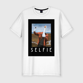 Мужская футболка хлопок Slim с принтом selfie в Тюмени, 92% хлопок, 8% лайкра | приталенный силуэт, круглый вырез ворота, длина до линии бедра, короткий рукав | funny | nerd | selfie | гусь | инстаграм | лебедь | селфи | тренд | утка | уточка | фото