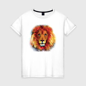 Женская футболка хлопок с принтом Лев акварельный в Тюмени, 100% хлопок | прямой крой, круглый вырез горловины, длина до линии бедер, слегка спущенное плечо | animal | lion | watercolor | акварель | дикий | животное | зверь | кошка | лев