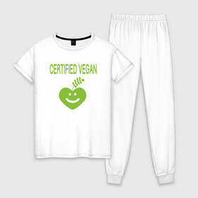 Женская пижама хлопок с принтом Проверенный веган в Тюмени, 100% хлопок | брюки и футболка прямого кроя, без карманов, на брюках мягкая резинка на поясе и по низу штанин | green | greenpaece | nature | sport | vegan | yoga | веган | вегетарианец | гринпис | еда | животные | жизнь | здоровье | зеленый | йога | мир | овощи | пища | планета | природа | растение | спорт | тело | фрукты