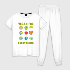 Женская пижама хлопок с принтом Vegan For Everything в Тюмени, 100% хлопок | брюки и футболка прямого кроя, без карманов, на брюках мягкая резинка на поясе и по низу штанин | green | greenpaece | nature | sport | vegan | yoga | веган | вегетарианец | гринпис | еда | животные | жизнь | здоровье | зеленый | йога | мир | овощи | пища | планета | природа | растение | спорт | тело | фрукты