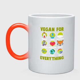 Кружка хамелеон с принтом Vegan For Everything в Тюмени, керамика | меняет цвет при нагревании, емкость 330 мл | green | greenpaece | nature | sport | vegan | yoga | веган | вегетарианец | гринпис | еда | животные | жизнь | здоровье | зеленый | йога | мир | овощи | пища | планета | природа | растение | спорт | тело | фрукты