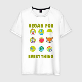 Мужская футболка хлопок с принтом Vegan For Everything в Тюмени, 100% хлопок | прямой крой, круглый вырез горловины, длина до линии бедер, слегка спущенное плечо. | green | greenpaece | nature | sport | vegan | yoga | веган | вегетарианец | гринпис | еда | животные | жизнь | здоровье | зеленый | йога | мир | овощи | пища | планета | природа | растение | спорт | тело | фрукты