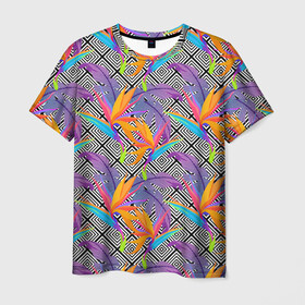Мужская футболка 3D с принтом Тропические цветы и узоры в Тюмени, 100% полиэфир | прямой крой, круглый вырез горловины, длина до линии бедер | абстракция | геометрия | лето | линии | паттерн | текстуры | узоры