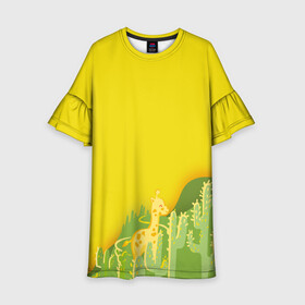 Детское платье 3D с принтом Милый жираф в кактусах в Тюмени, 100% полиэстер | прямой силуэт, чуть расширенный к низу. Круглая горловина, на рукавах — воланы | Тематика изображения на принте: животные | жираф | кактусы | лето | листва | милые | мультик | солнечный | яркий