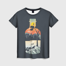 Женская футболка 3D с принтом Философия  в Тюмени, 100% полиэфир ( синтетическое хлопкоподобное полотно) | прямой крой, круглый вырез горловины, длина до линии бедер | бутылка | горы | закат | пейзаж | природа | философия | япония
