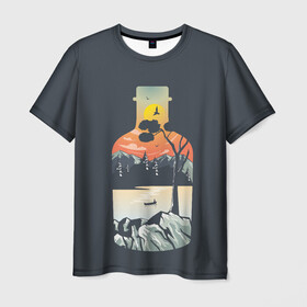 Мужская футболка 3D с принтом Философия  в Тюмени, 100% полиэфир | прямой крой, круглый вырез горловины, длина до линии бедер | бутылка | горы | закат | пейзаж | природа | философия | япония