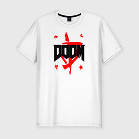 Мужская футболка хлопок Slim с принтом DOOM (2 ЛОГО) в Тюмени, 92% хлопок, 8% лайкра | приталенный силуэт, круглый вырез ворота, длина до линии бедра, короткий рукав | doom | doom eternal | doom monster | eternal | дум | дуум