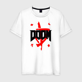 Мужская футболка хлопок с принтом DOOM (2 ЛОГО) в Тюмени, 100% хлопок | прямой крой, круглый вырез горловины, длина до линии бедер, слегка спущенное плечо. | doom | doom eternal | doom monster | eternal | дум | дуум