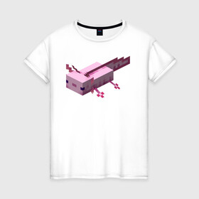 Женская футболка хлопок с принтом Аксолотль | Axolotl в Тюмени, 100% хлопок | прямой крой, круглый вырез горловины, длина до линии бедер, слегка спущенное плечо | minecraft | аксолотль | морское животное | розовый | рыба