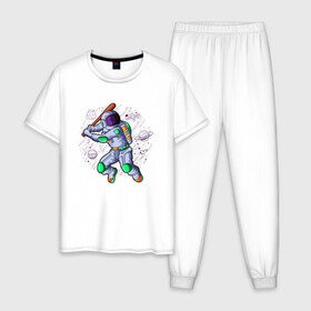 Мужская пижама хлопок с принтом Астробол в Тюмени, 100% хлопок | брюки и футболка прямого кроя, без карманов, на брюках мягкая резинка на поясе и по низу штанин
 | астронавт | бейсбол | бита | звёзды | иллюстрация