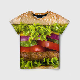 Детская футболка 3D с принтом Бургер в Тюмени, 100% гипоаллергенный полиэфир | прямой крой, круглый вырез горловины, длина до линии бедер, чуть спущенное плечо, ткань немного тянется | биг мак | бигмак | бургер | мясо | салат | чизбургер