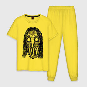 Мужская пижама хлопок с принтом Череп с волосами и щупальцами в Тюмени, 100% хлопок | брюки и футболка прямого кроя, без карманов, на брюках мягкая резинка на поясе и по низу штанин
 | dead | halloween | horror | lovecraft | skull | suspense | witch | zombie