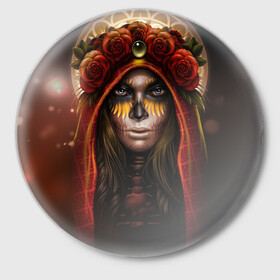 Значок с принтом ЦветоЧная Богиня в Тюмени,  металл | круглая форма, металлическая застежка в виде булавки | богиня | девушка | розы | цветы | шаманка