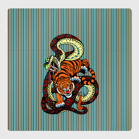Магнитный плакат 3Х3 с принтом Тигры Змея Полосы в Тюмени, Полимерный материал с магнитным слоем | 9 деталей размером 9*9 см | beast | fight | snake | tiger | борьба | животные | звери | змеи | зубы | когти | кошки | полосатый | полосы | тигры | узор