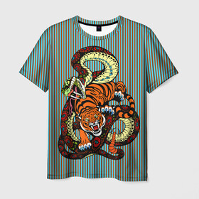 Мужская футболка 3D с принтом Тигры Змея Полосы в Тюмени, 100% полиэфир | прямой крой, круглый вырез горловины, длина до линии бедер | beast | fight | snake | tiger | борьба | животные | звери | змеи | зубы | когти | кошки | полосатый | полосы | тигры | узор