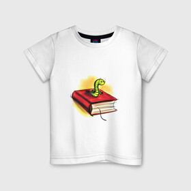 Детская футболка хлопок с принтом Книжный червь в Тюмени, 100% хлопок | круглый вырез горловины, полуприлегающий силуэт, длина до линии бедер | Тематика изображения на принте: бумага | книга | книжный червь | обложка | червь | червяк