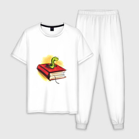 Мужская пижама хлопок с принтом Книжный червь в Тюмени, 100% хлопок | брюки и футболка прямого кроя, без карманов, на брюках мягкая резинка на поясе и по низу штанин
 | Тематика изображения на принте: бумага | книга | книжный червь | обложка | червь | червяк