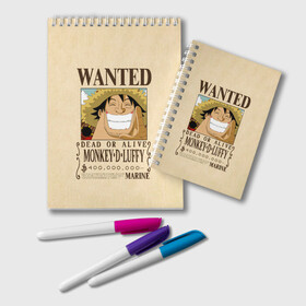 Блокнот с принтом WANTED Monkey D. Luffy в Тюмени, 100% бумага | 48 листов, плотность листов — 60 г/м2, плотность картонной обложки — 250 г/м2. Листы скреплены удобной пружинной спиралью. Цвет линий — светло-серый
 | Тематика изображения на принте: anime | manga | monkey d. luffy | one piece | аниме | большой куш | ван пис | вон пис | гол д. роджер | кайдо | король пиратов | луфи | луффи | манга | манки д. луффи | нами | нико робин | пират | портгас д. эйс | ророноа зоро