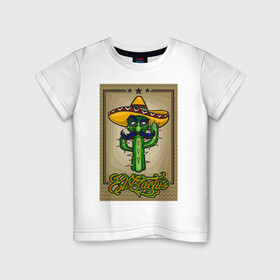Детская футболка хлопок с принтом El Cactus - Кактус Мексиканец в Тюмени, 100% хлопок | круглый вырез горловины, полуприлегающий силуэт, длина до линии бедер | cactus | green | humour | mexico | mustache | sand | vegan | vegetable | vegetarian | арт | жара | кактус | комикс | лето | мексика | персонаж | пустыня | сомбреро | усы