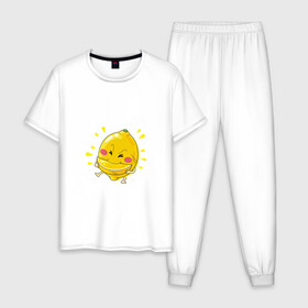 Мужская пижама хлопок с принтом Лимон каннибал  в Тюмени, 100% хлопок | брюки и футболка прямого кроя, без карманов, на брюках мягкая резинка на поясе и по низу штанин
 | долька | кислый | лимон | лицо | фрукт | фрукты