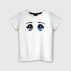 Детская футболка хлопок с принтом Глазки аниме в Тюмени, 100% хлопок | круглый вырез горловины, полуприлегающий силуэт, длина до линии бедер | anime | baby | blue | cartoon | cute | emoji | emotion | eyes | face | kawaii | аниме | большие глаза | брови | взгляд | глаза | глазки | голубые глаза | детям | зрачок | каваи | кавайный | лицо | малыш | милый взгляд | мультяшный | очи