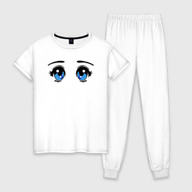 Женская пижама хлопок с принтом Глазки аниме в Тюмени, 100% хлопок | брюки и футболка прямого кроя, без карманов, на брюках мягкая резинка на поясе и по низу штанин | anime | baby | blue | cartoon | cute | emoji | emotion | eyes | face | kawaii | аниме | большие глаза | брови | взгляд | глаза | глазки | голубые глаза | детям | зрачок | каваи | кавайный | лицо | малыш | милый взгляд | мультяшный | очи