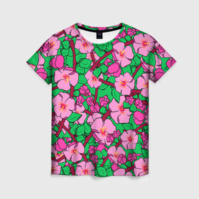 Женская футболка 3D с принтом Цветы Сакуры, Sakura в Тюмени, 100% полиэфир ( синтетическое хлопкоподобное полотно) | прямой крой, круглый вырез горловины, длина до линии бедер | cherry | flowers | japan | pink | sakura | summer | азия | бутоны | вишня | девушкам | деревья | лепестки | лето | листья | нарисованные цветы | природа | розовые цветы | сад | сакура | сакура вишня | сакура цветок