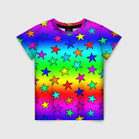 Детская футболка 3D с принтом Радужные звезды в Тюмени, 100% гипоаллергенный полиэфир | прямой крой, круглый вырез горловины, длина до линии бедер, чуть спущенное плечо, ткань немного тянется | baby | children | girl | gradient | kids | neon | rainbow | space | stars | градиент | девчачие | девчачье | детские | детский рисунок | звездочки | звезды | космос | красочные | малышам | неоновые | ночные | радуга | разноцветные