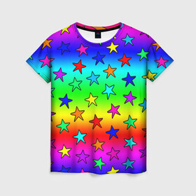 Женская футболка 3D с принтом Радужные звезды в Тюмени, 100% полиэфир ( синтетическое хлопкоподобное полотно) | прямой крой, круглый вырез горловины, длина до линии бедер | baby | children | girl | gradient | kids | neon | rainbow | space | stars | градиент | девчачие | девчачье | детские | детский рисунок | звездочки | звезды | космос | красочные | малышам | неоновые | ночные | радуга | разноцветные