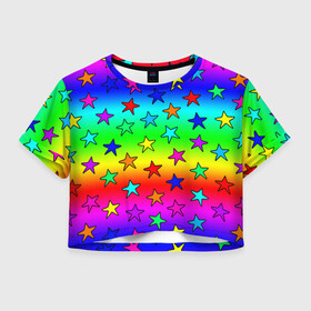 Женская футболка Crop-top 3D с принтом Радужные звезды в Тюмени, 100% полиэстер | круглая горловина, длина футболки до линии талии, рукава с отворотами | baby | children | girl | gradient | kids | neon | rainbow | space | stars | градиент | девчачие | девчачье | детские | детский рисунок | звездочки | звезды | космос | красочные | малышам | неоновые | ночные | радуга | разноцветные