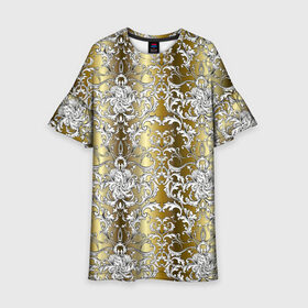 Детское платье 3D с принтом gold & white в Тюмени, 100% полиэстер | прямой силуэт, чуть расширенный к низу. Круглая горловина, на рукавах — воланы | Тематика изображения на принте: versace | абстракция | версаче | золотые узоры | паттерн | текстуры | узоры