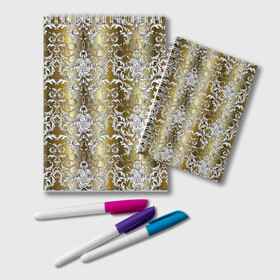 Блокнот с принтом gold & white в Тюмени, 100% бумага | 48 листов, плотность листов — 60 г/м2, плотность картонной обложки — 250 г/м2. Листы скреплены удобной пружинной спиралью. Цвет линий — светло-серый
 | Тематика изображения на принте: versace | абстракция | версаче | золотые узоры | паттерн | текстуры | узоры