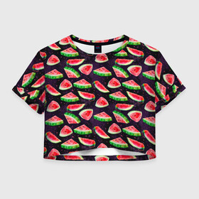 Женская футболка Crop-top 3D с принтом Арбузное лето в Тюмени, 100% полиэстер | круглая горловина, длина футболки до линии талии, рукава с отворотами | абстракция | арбуз | арбузы | дольки | летняя | лето | паттерн | текстуры | узоры