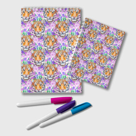 Блокнот с принтом Тигр в цветах в Тюмени, 100% бумага | 48 листов, плотность листов — 60 г/м2, плотность картонной обложки — 250 г/м2. Листы скреплены удобной пружинной спиралью. Цвет линий — светло-серый
 | абстракция | крупная кошка | паттерн | текстуры | тигр | тигры | узоры