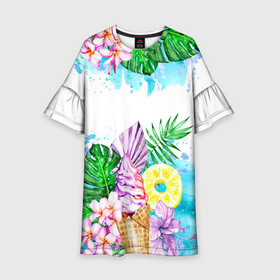 Детское платье 3D с принтом Тропический рай с мороженым в Тюмени, 100% полиэстер | прямой силуэт, чуть расширенный к низу. Круглая горловина, на рукавах — воланы | Тематика изображения на принте: акварель | ананас | жаркие страны | летный отдых | лето | листья | море | мороженое | отдых | растения | сладости | тропики | тропический рай | цветы | экзотика