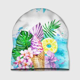 Шапка 3D с принтом Тропический рай с мороженым в Тюмени, 100% полиэстер | универсальный размер, печать по всей поверхности изделия | акварель | ананас | жаркие страны | летный отдых | лето | листья | море | мороженое | отдых | растения | сладости | тропики | тропический рай | цветы | экзотика
