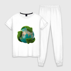 Женская пижама хлопок с принтом Чистая планета в Тюмени, 100% хлопок | брюки и футболка прямого кроя, без карманов, на брюках мягкая резинка на поясе и по низу штанин | зеленая планета | переработка | планета | сортировка | сортировка мусора | стрелочки | чистая планета | экология