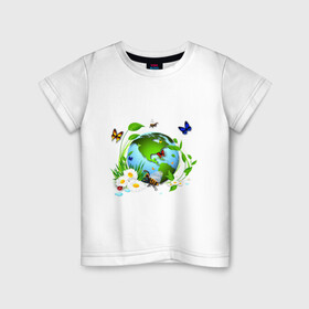 Детская футболка хлопок с принтом Чистая планета в Тюмени, 100% хлопок | круглый вырез горловины, полуприлегающий силуэт, длина до линии бедер | бабочка | бабочки | зеленая планета | зелень | земля | листья | оса | планета | пчела | растения | ромашки | цветы | чистая планета | экология