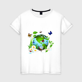 Женская футболка хлопок с принтом Чистая планета в Тюмени, 100% хлопок | прямой крой, круглый вырез горловины, длина до линии бедер, слегка спущенное плечо | бабочка | бабочки | зеленая планета | зелень | земля | листья | оса | планета | пчела | растения | ромашки | цветы | чистая планета | экология