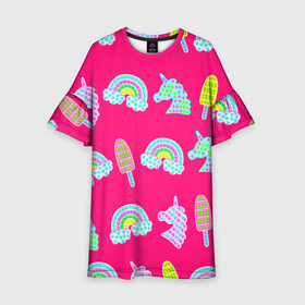 Детское платье 3D с принтом pop it радуга и единорог в Тюмени, 100% полиэстер | прямой силуэт, чуть расширенный к низу. Круглая горловина, на рукавах — воланы | pop it | антистресс | детский | единорог | игрушка | лопать | мороженое | поп ит | пупырка | радуга | радужный | разноцветный | розовый | фуксия | шарики