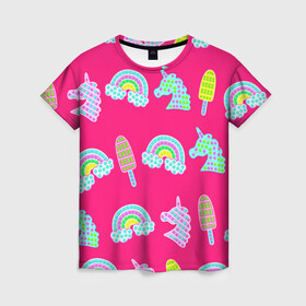 Женская футболка 3D с принтом pop it радуга и единорог в Тюмени, 100% полиэфир ( синтетическое хлопкоподобное полотно) | прямой крой, круглый вырез горловины, длина до линии бедер | pop it | антистресс | детский | единорог | игрушка | лопать | мороженое | поп ит | пупырка | радуга | радужный | разноцветный | розовый | фуксия | шарики