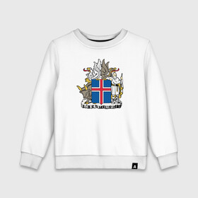 Детский свитшот хлопок с принтом Герб Исландии в Тюмени, 100% хлопок | круглый вырез горловины, эластичные манжеты, пояс и воротник | бык | герб | грифон | дракон | исландии | исландия | коровы | красный | линии | орел | пастух | синий | флаг