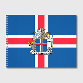 Альбом для рисования с принтом Флаг и Герб Исландии в Тюмени, 100% бумага
 | матовая бумага, плотность 200 мг. | Тематика изображения на принте: бык | герб | грифон | дракон | исландии | исландия | коровы | красный | линии | орел | пастух | синий | флаг